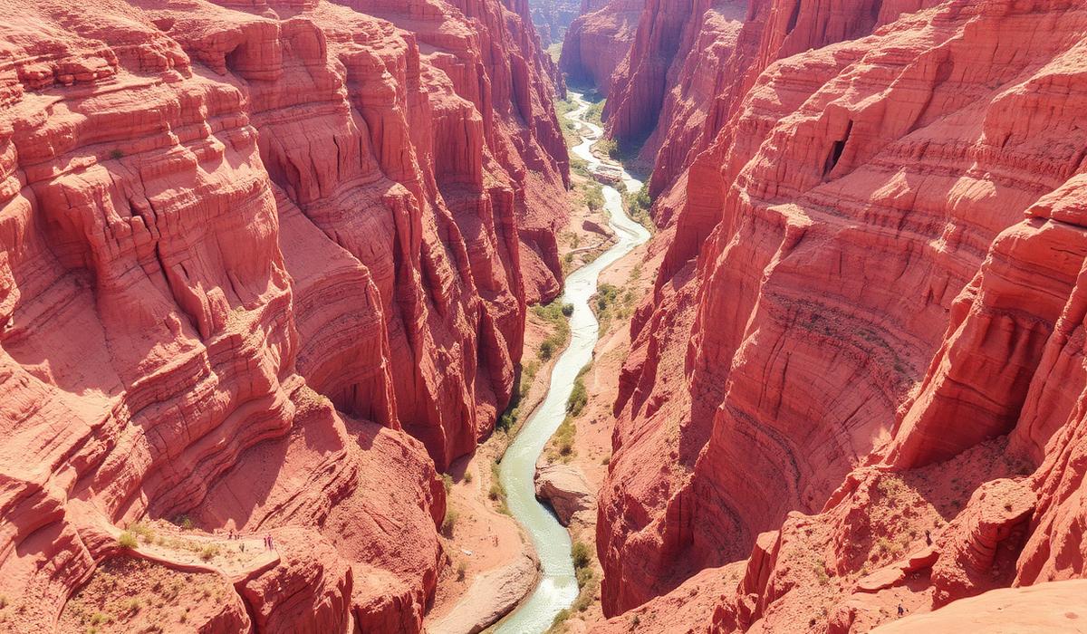 Aerial view of Todra Gorge in Morocco — towering red cliffs above a turquoise river
