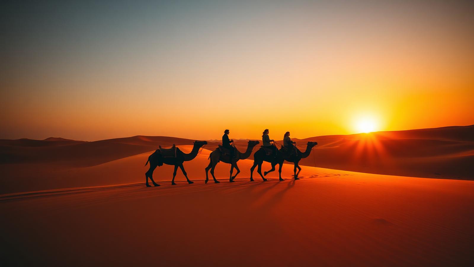 Camel caravan silhouetted against the orange sands of the Sahara desert at sunset in Merzouga, Morocco