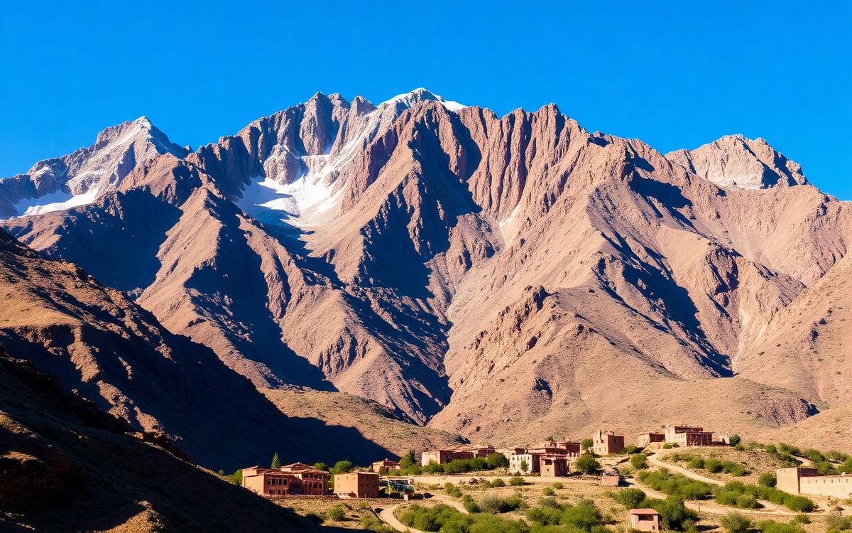 Snow-streaked peaks of the High Atlas range above a Berber village near Imlil, Morocco — the starting point for the Mount Toubkal trek
