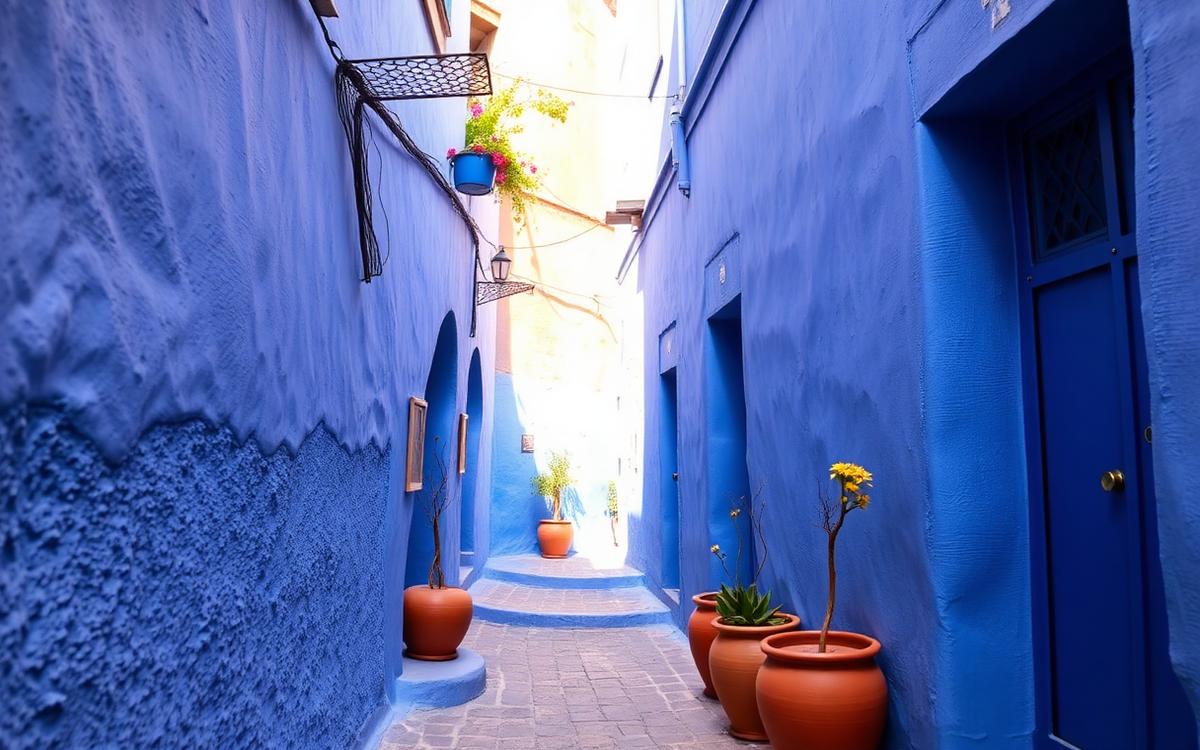 Bright blue alley with terracotta pots in Chefchaouen, Morocco's iconic blue city