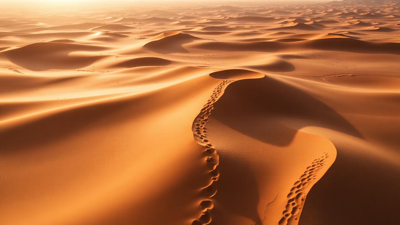 Camels crossing tall orange dunes in the Moroccan Sahara at sunrise