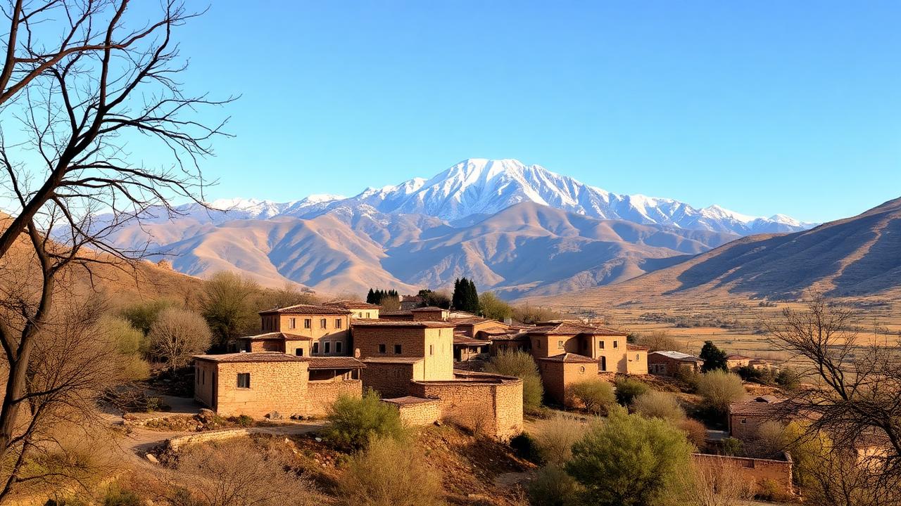Imlil village in the High Atlas Mountains of Morocco, surrounded by walnut trees and snow peaks