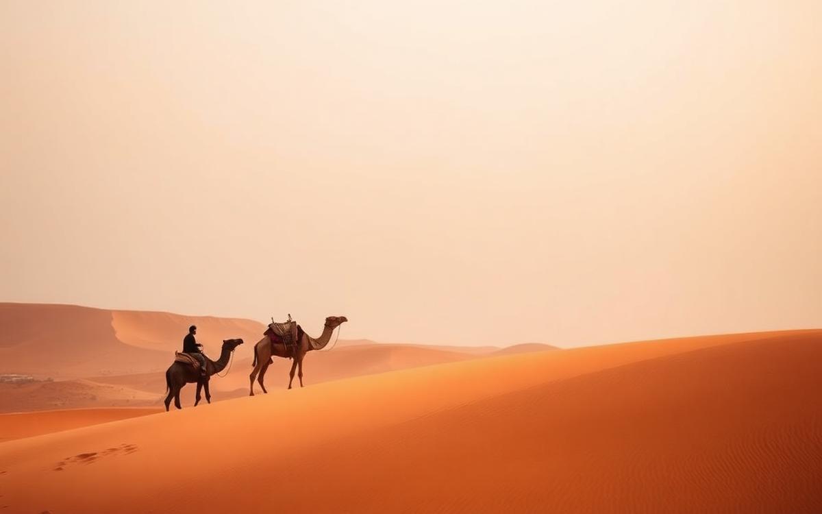Berber guide leading camels across the orange dunes of Erg Chebbi in the Moroccan Sahara
