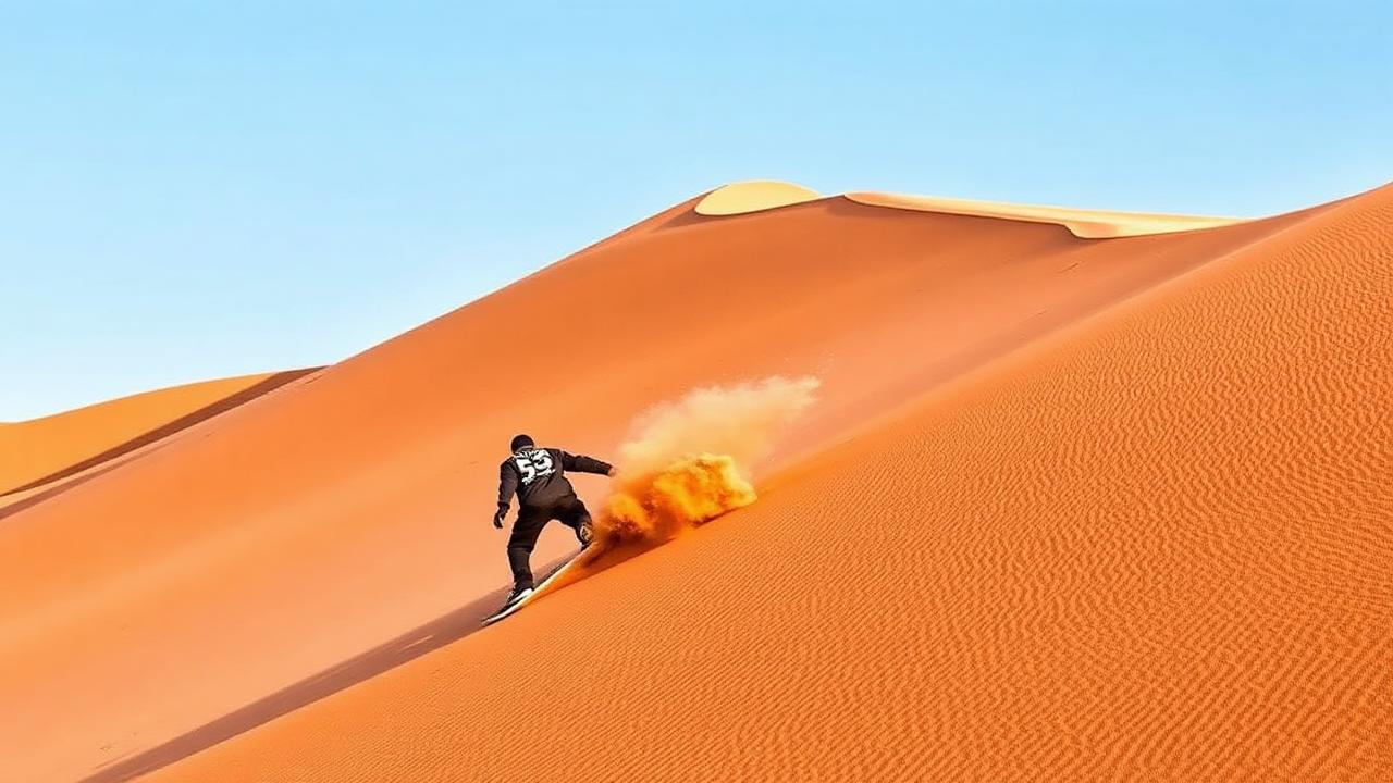 Tall orange Saharan dunes ideal for sandboarding in Erg Chebbi, Morocco
